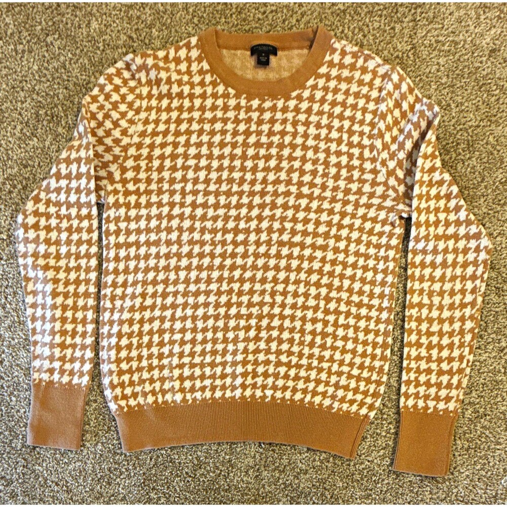 Ann Taylor Factory Women’s M Camel/White Houndstooth Knit Sweater Crew Neck